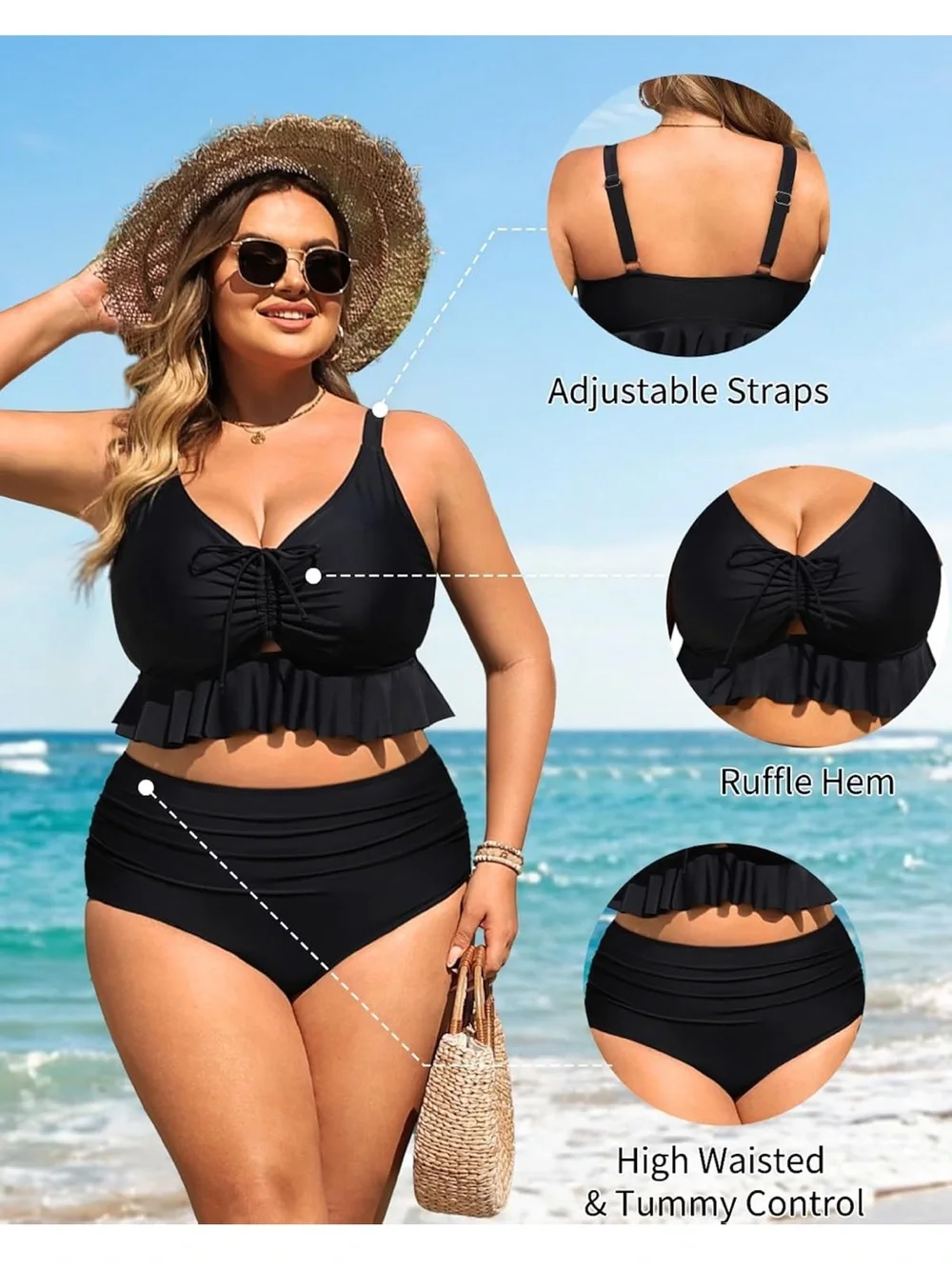 Plus Size Ruffle Bikini Set High Waisted Two Piece Tummy Control 18W. 2936/bb12